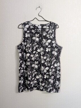 Chico's Pima Cotton Black White Floral Tank Top Size 3 (XL) Sleeveless Casual
